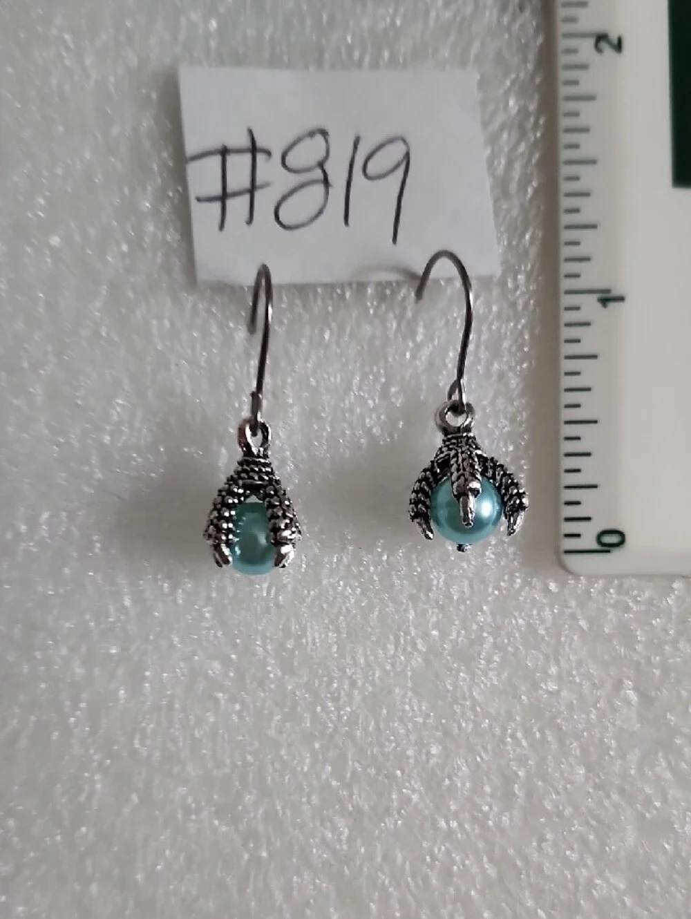 Silver Dragon Claw Drop Earrings with Teal Pearl Accent